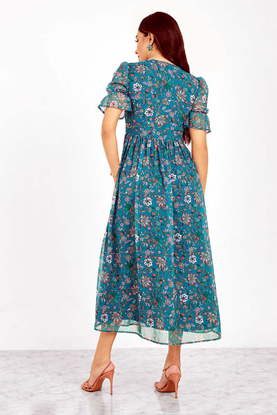 Women Teal Floral A-Line Dress